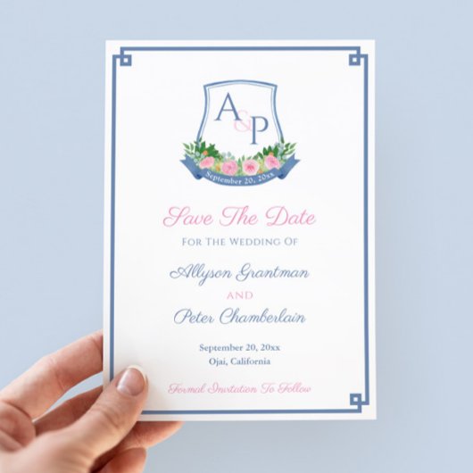 Elegantes Monogram Navy Pink Roses Wedding Wappen Save The Date