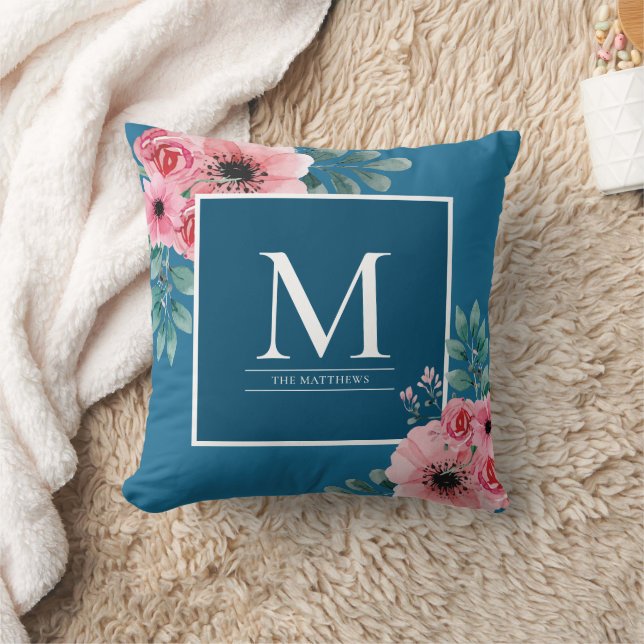 Elegantes Monogram Ocean Blue Throw Kissen (Decke)