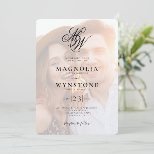 Elegantes Monogram QR Code Foto Hochzeit Einladung (Stehend Vorderseite)