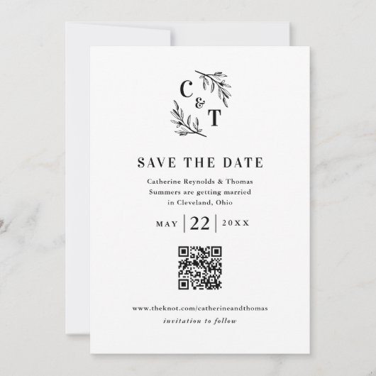 Elegantes Monogram QR Code Foto Hochzeit Save The Date (Vorderseite)