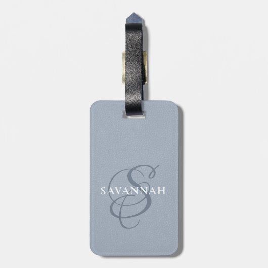 Elegantes Monogram Script Dusty Blue Niedlich Leat Gepäckanhänger (Rückseite vertikal)