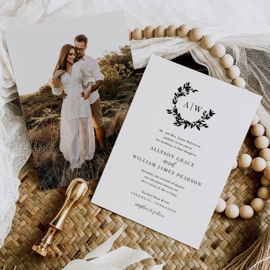 Elegantes Monogram Wappen Foto Botanische Hochzeit Einladung