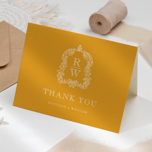 Elegantes Monogram Wappen Marigold Yellow Wedding Dankeskarte