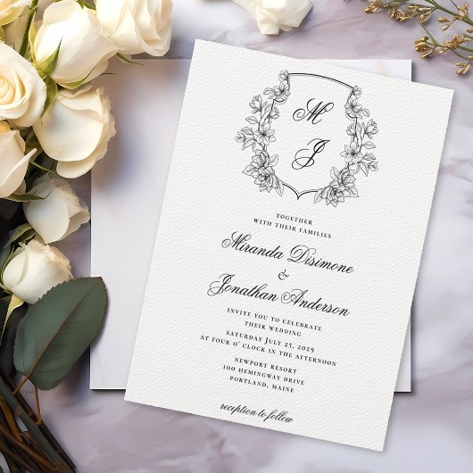 Elegantes Monogram Wappen Schwarz-weiß Wedding Einladung
