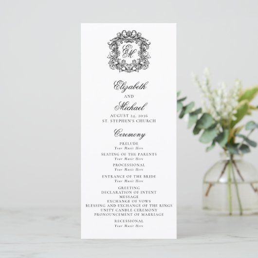 Elegantes Monogram Wappen Wedding Foto Programm (Stehend Vorderseite)