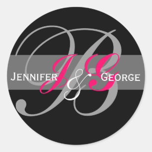 Elegantes Monogram White Black Fuchsia Wedding Sie Runder Aufkleber
