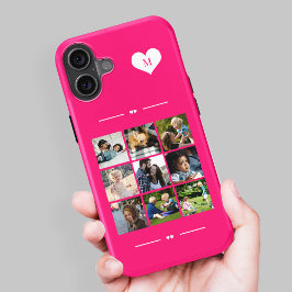 Elegantes Monogramm 9 Foto Collage Hot Pink iPhone 16 Hülle
