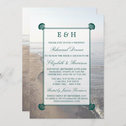 Elegantes Monogramm, Aquamarines Scallop Probe Din Einladung (Vorne/Hinten)