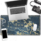 Elegantes Monogramm aus blau-goldfarbenem Marmor Schreibtischunterlage