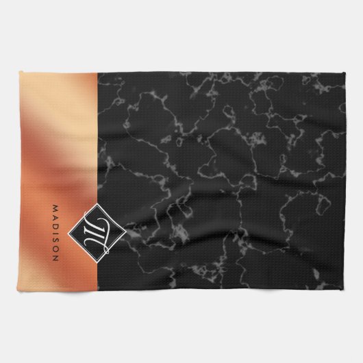 Elegantes Monogramm aus schwarzem Marmor und Bronz Geschirrtuch (Horizontal)