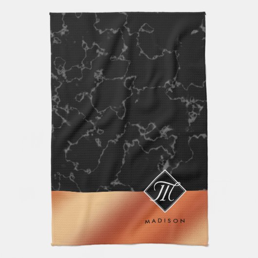 Elegantes Monogramm aus schwarzem Marmor und Bronz Geschirrtuch (Vertikal)