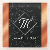 Elegantes Monogramm aus schwarzem Marmor und Bronz Glasuntersetzer (Vorderseite)