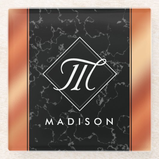 Elegantes Monogramm aus schwarzem Marmor und Bronz Glasuntersetzer (Vorderseite)