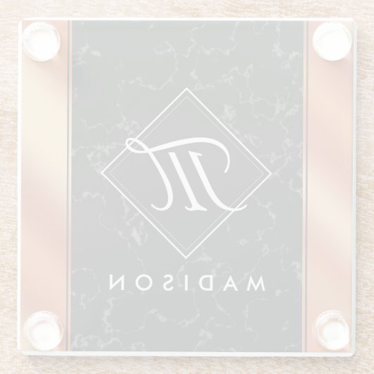 Elegantes Monogramm aus schwarzem Marmor und Bronz Glasuntersetzer (Rückseite)