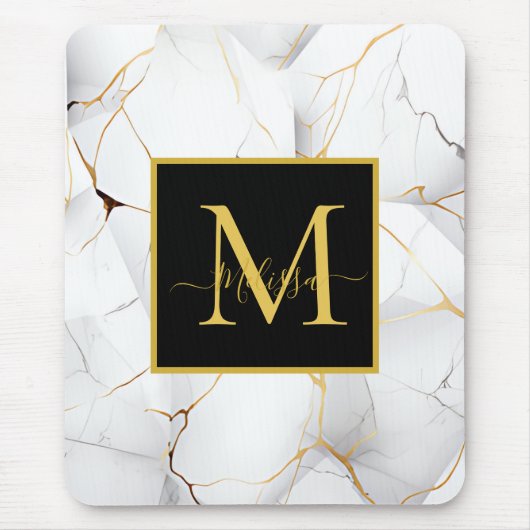 Elegantes Monogramm aus weißem und goldmarmor Mousepad (Vorne)