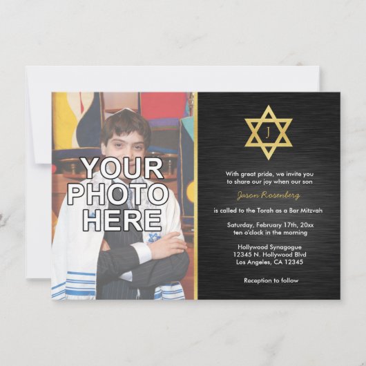 Elegantes Monogramm Bar Mitzvah mit Foto Einladung (Vorderseite)