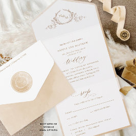 Elegantes Monogramm, Beige Creme Watercolor Weddin All In One Einladung