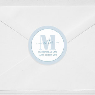 Elegantes Monogramm Blau Einfache Rücksendeadresse Runder Aufkleber