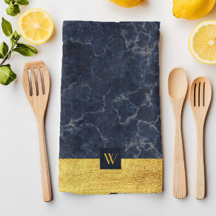 Elegantes Monogramm Blau Marmor Geschirrtuch