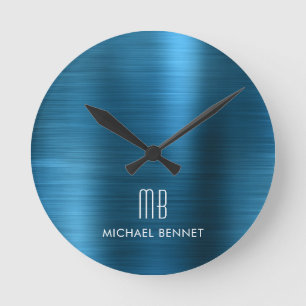 Elegantes monogramm Blau Metall gebürstet Runde Wanduhr