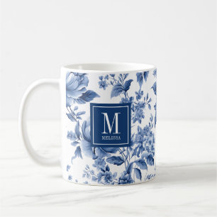 Elegantes Monogramm Blau Weiße Florale Rose Kaffeetasse