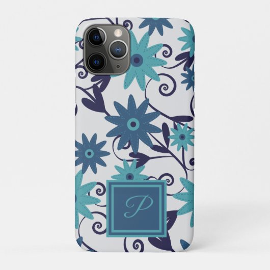 Elegantes monogramm-blaues türkisfarbenes Blume-Mu Case-Mate iPhone Hülle (Rückseite)
