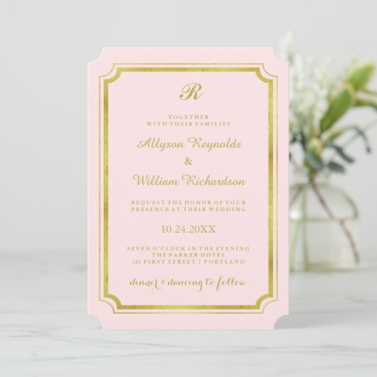 Elegantes Monogramm Blush Rosa und Imitate Gold Ho Einladung (Stehend Vorderseite)