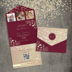 Elegantes Monogramm Bordeaux und Goldene Hochzeit All In One Einladung