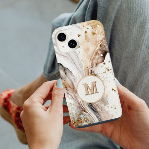 Elegantes Monogramm Braun Gold Marmor Abstrakte Ge iPhone 14 Plus Hülle