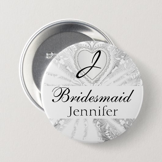 Elegantes Monogramm-Brautparty-weißer Button (Vorne & Hinten)