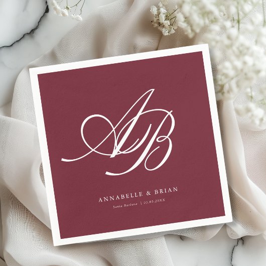 Elegantes Monogramm Burgunder Hochzeit Serviette