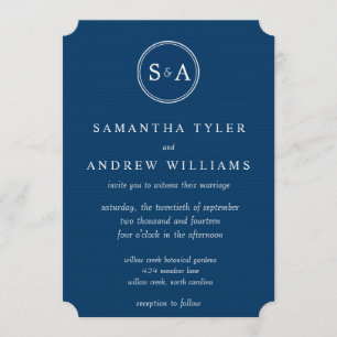 Elegantes Monogramm Circle Navy Blue Wedding Einladung