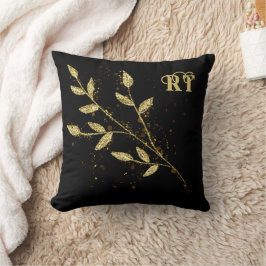 Elegantes Monogramm der Schwarz-Gold-Pflanze Kissen