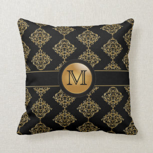 Elegantes Monogramm des Golddamast-Muster- Kissen