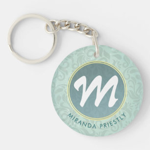 Elegantes Monogramm Faux-Gold Türkis Damast Floral Schlüsselanhänger