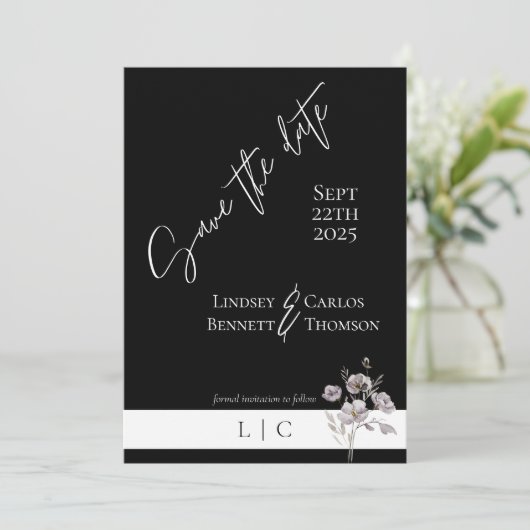 Elegantes Monogramm-Foto, schwarz Save The Date (Stehend Vorderseite)