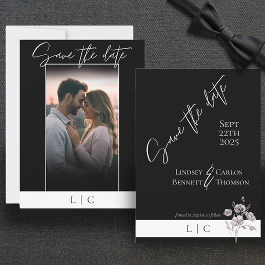 Elegantes Monogramm-Foto, schwarz Save The Date