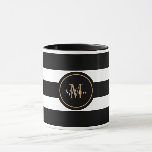 Elegantes Monogramm für Schwarz-Weiß-Streifen Tasse (Zentrum)