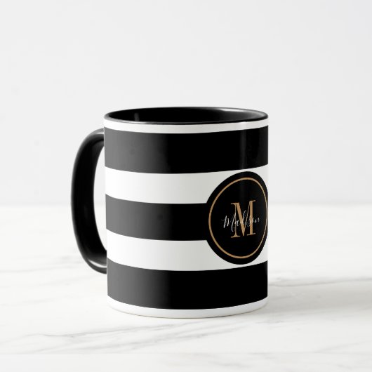 Elegantes Monogramm für Schwarz-Weiß-Streifen Tasse (Vorderseite Links)