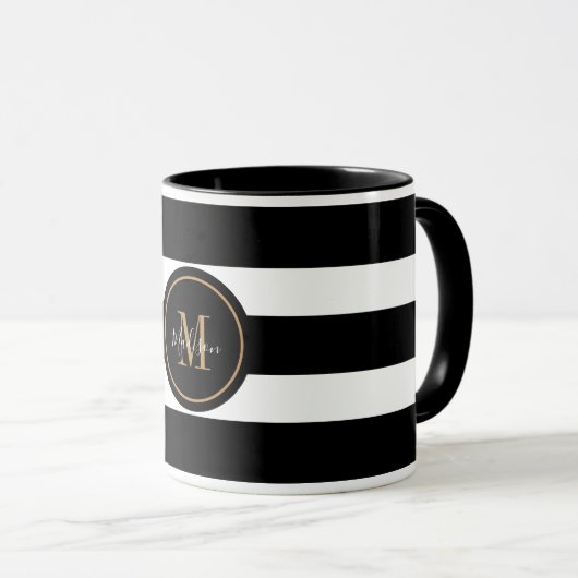 Elegantes Monogramm für Schwarz-Weiß-Streifen Tasse (VorderseiteRechts)