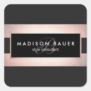 Elegantes Monogramm gestreift in Schwarz und Roség Quadratischer Aufkleber