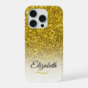 Elegantes Monogramm Gold Glitter Ombre Vorname iPhone 15 Pro Hülle