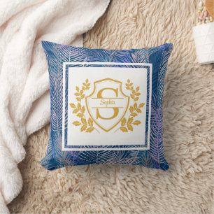 Elegantes Monogramm Gold-Kamm Tropische Palmwedel Kissen