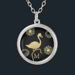 Elegantes Monogramm Gold und Black Flamingo Art Versilberte Kette<br><div class="desc">Elegante mit Monogramm Halskette mit goldfarbenem Flamingo und Blume-Design.</div>