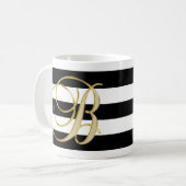 Elegantes Monogramm-GoldSchwarz-weißes gestreiftes Kaffeetasse (Vorderseite Links)