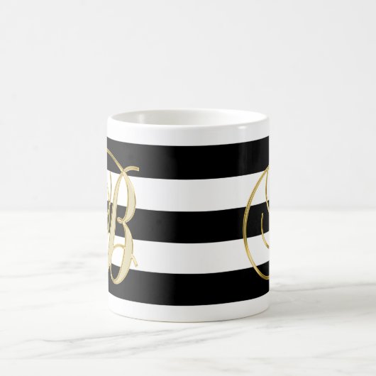 Elegantes Monogramm-GoldSchwarz-weißes gestreiftes Kaffeetasse (Mittel)