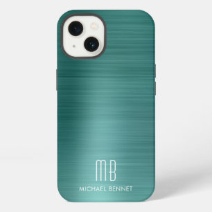 Elegantes Monogramm Grün Gebürstetes Metall iPhone 13 Hülle
