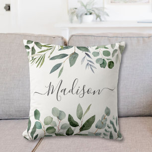 Elegantes Monogramm Grüne Eukalyptus-Tropenblätter Kissen