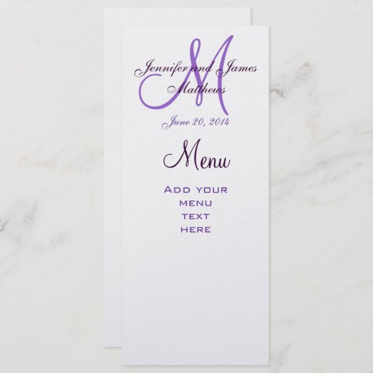 Elegantes Monogramm-Hochzeits-Menü kardiert Menükarte (Vorne/Hinten)