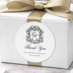 Elegantes Monogramm Hochzeitswappen Dankeschön Runder Aufkleber